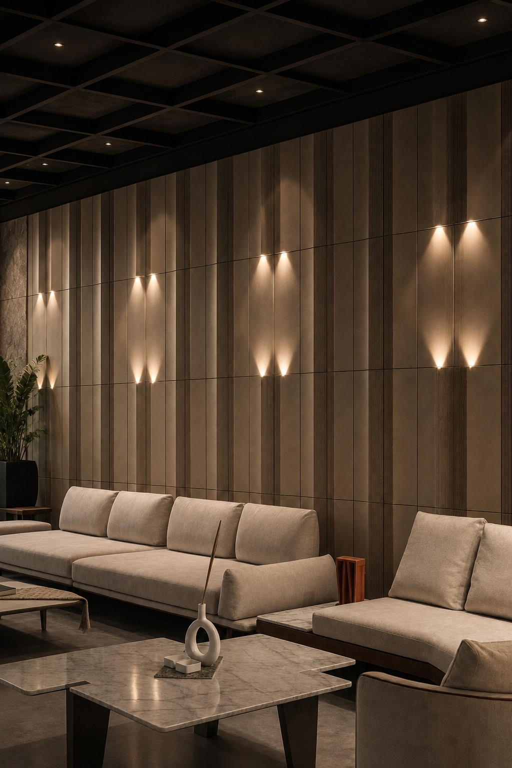 Warm architectural wall panels in a lounge