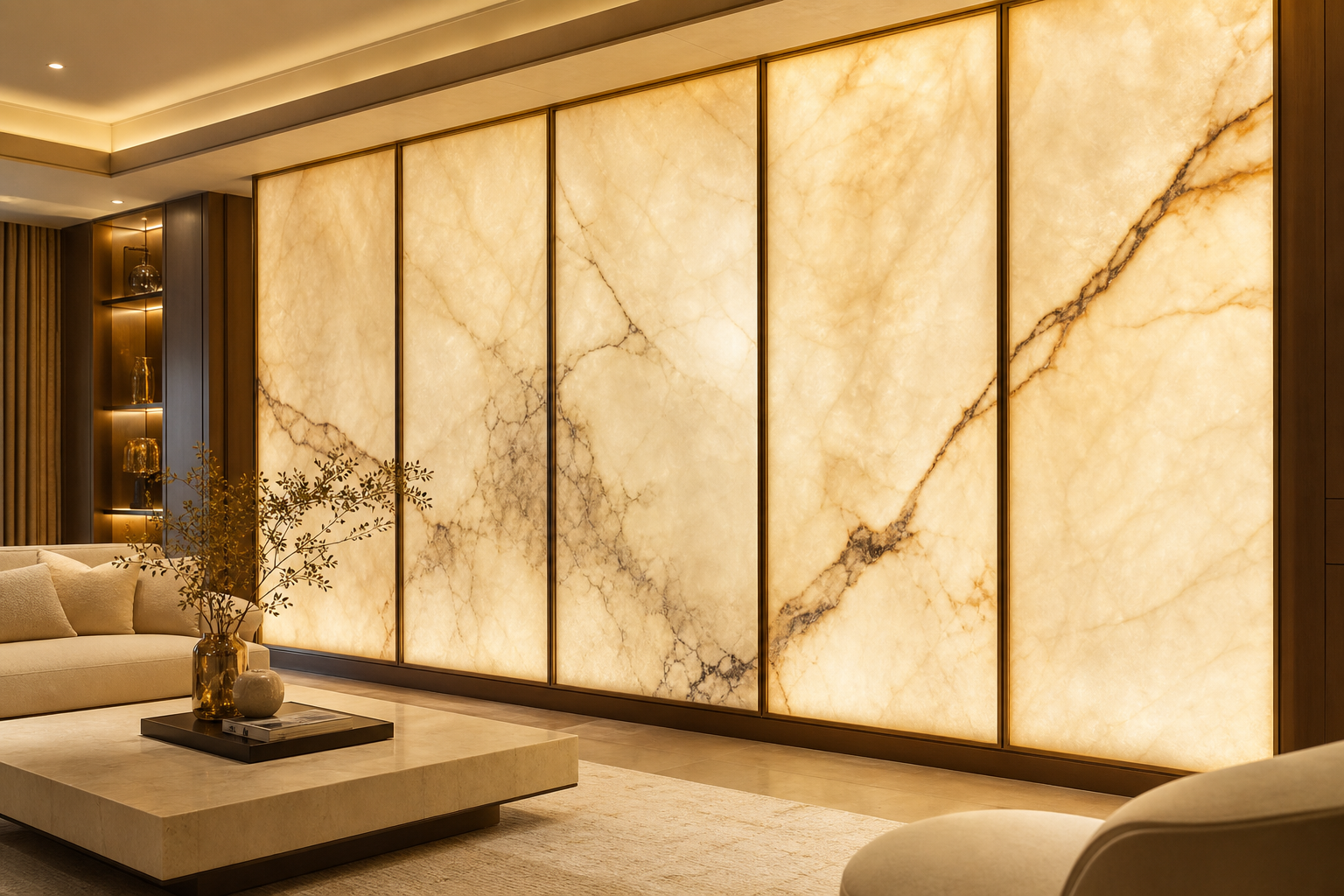 Backlit alabaster panel living room