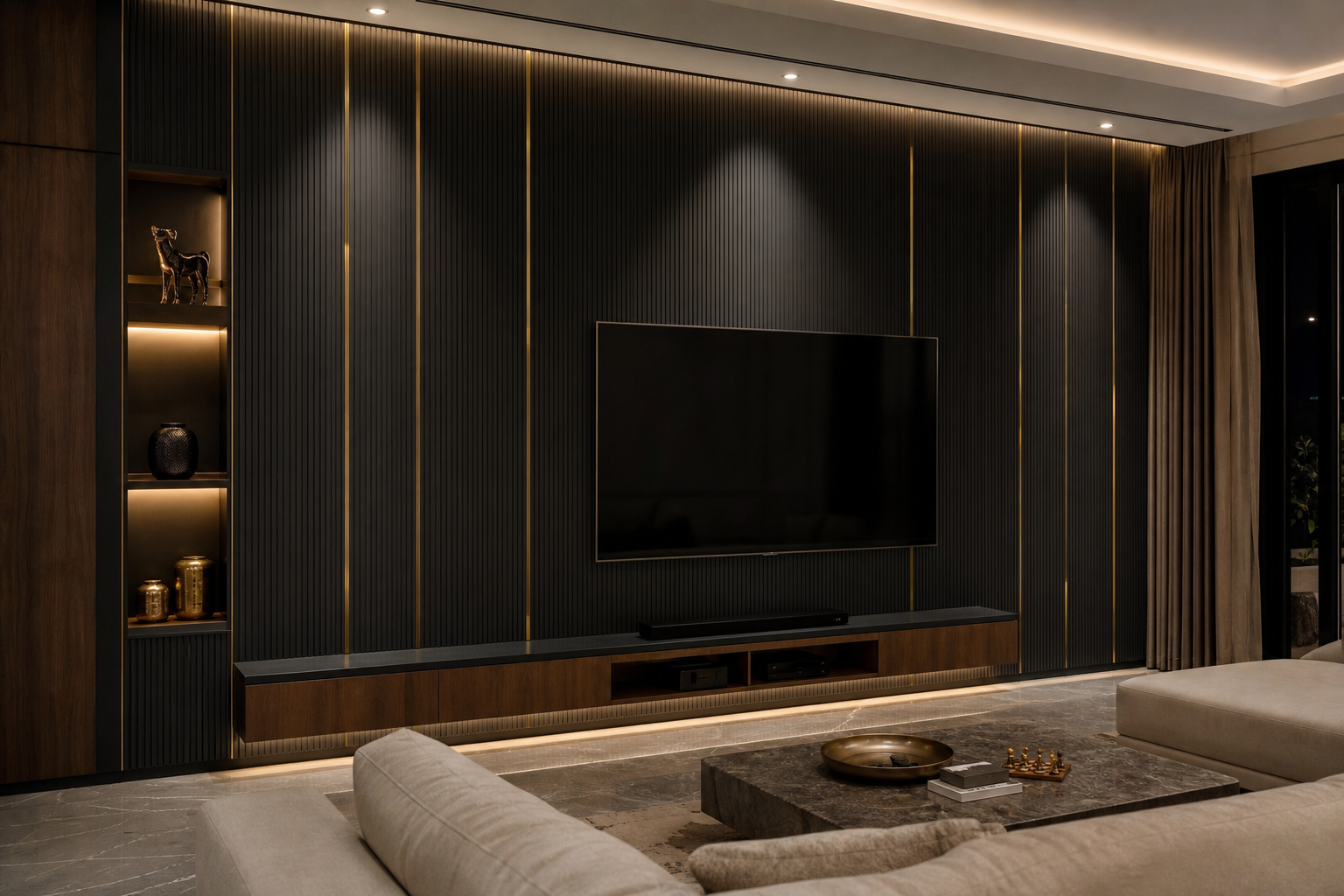 Charcoal panel media wall