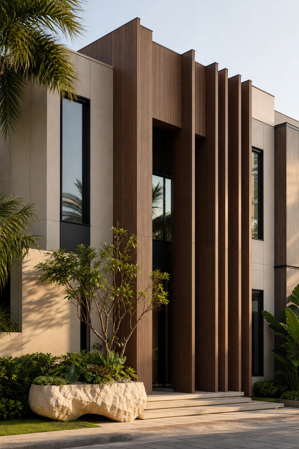 Warm wood-grain HPL exterior cladding villa facade